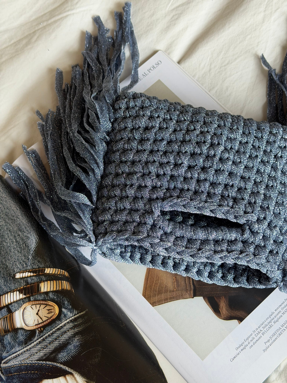 MINOU bag mini// azzurra lurex con frange