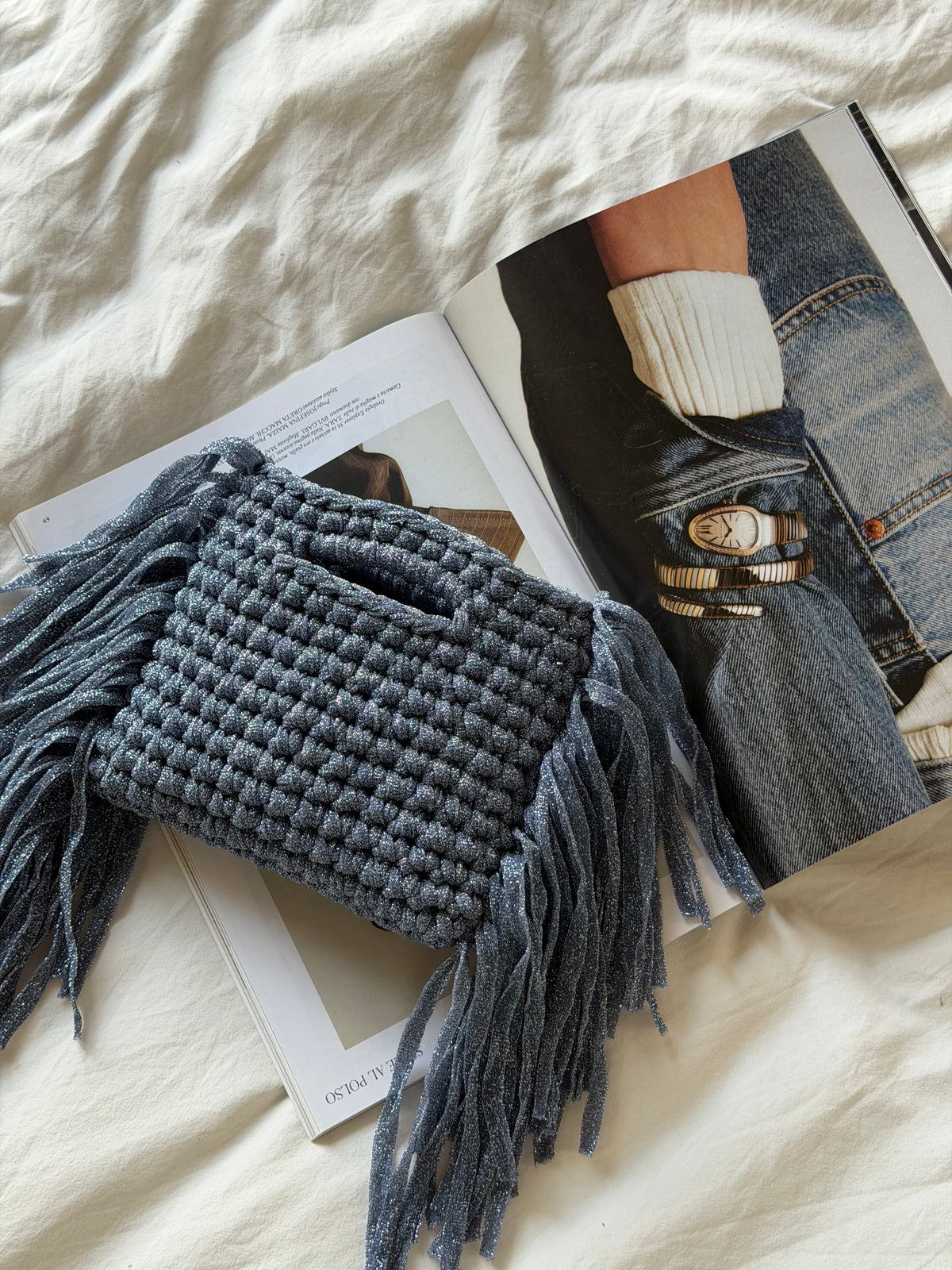 MINOU bag mini// azzurra lurex con frange