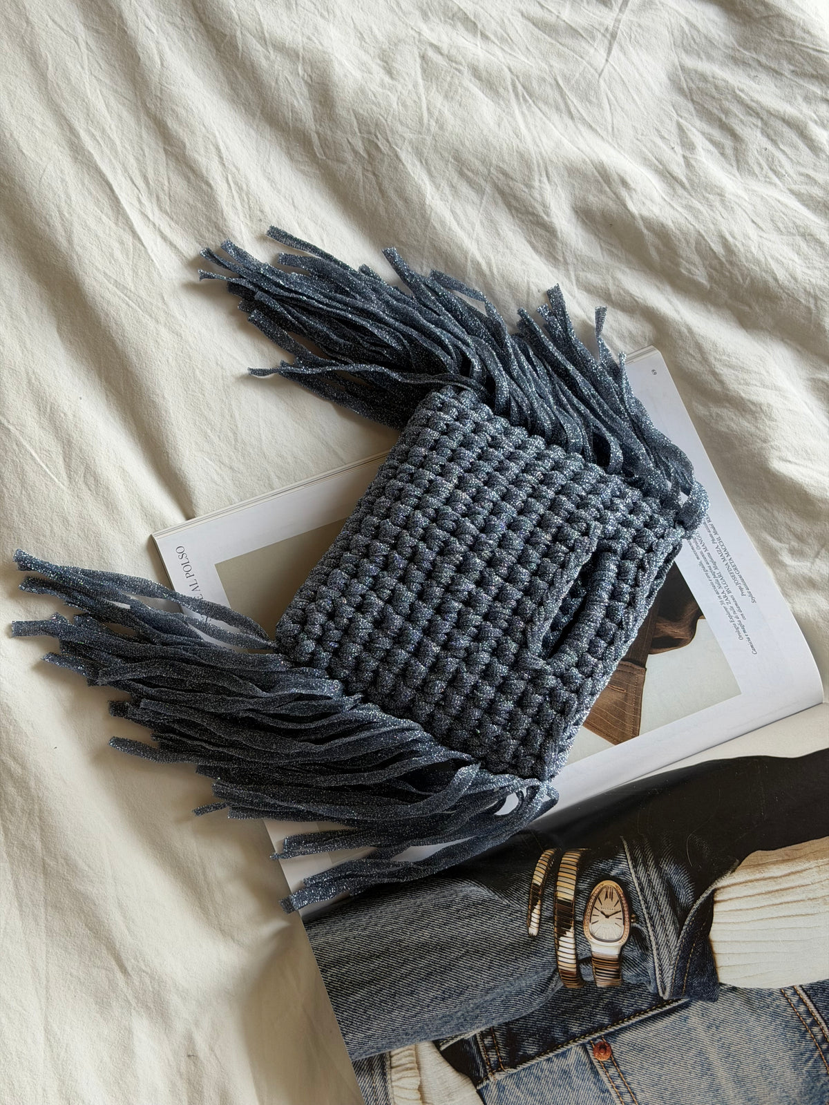 MINOU bag mini// azzurra lurex con frange