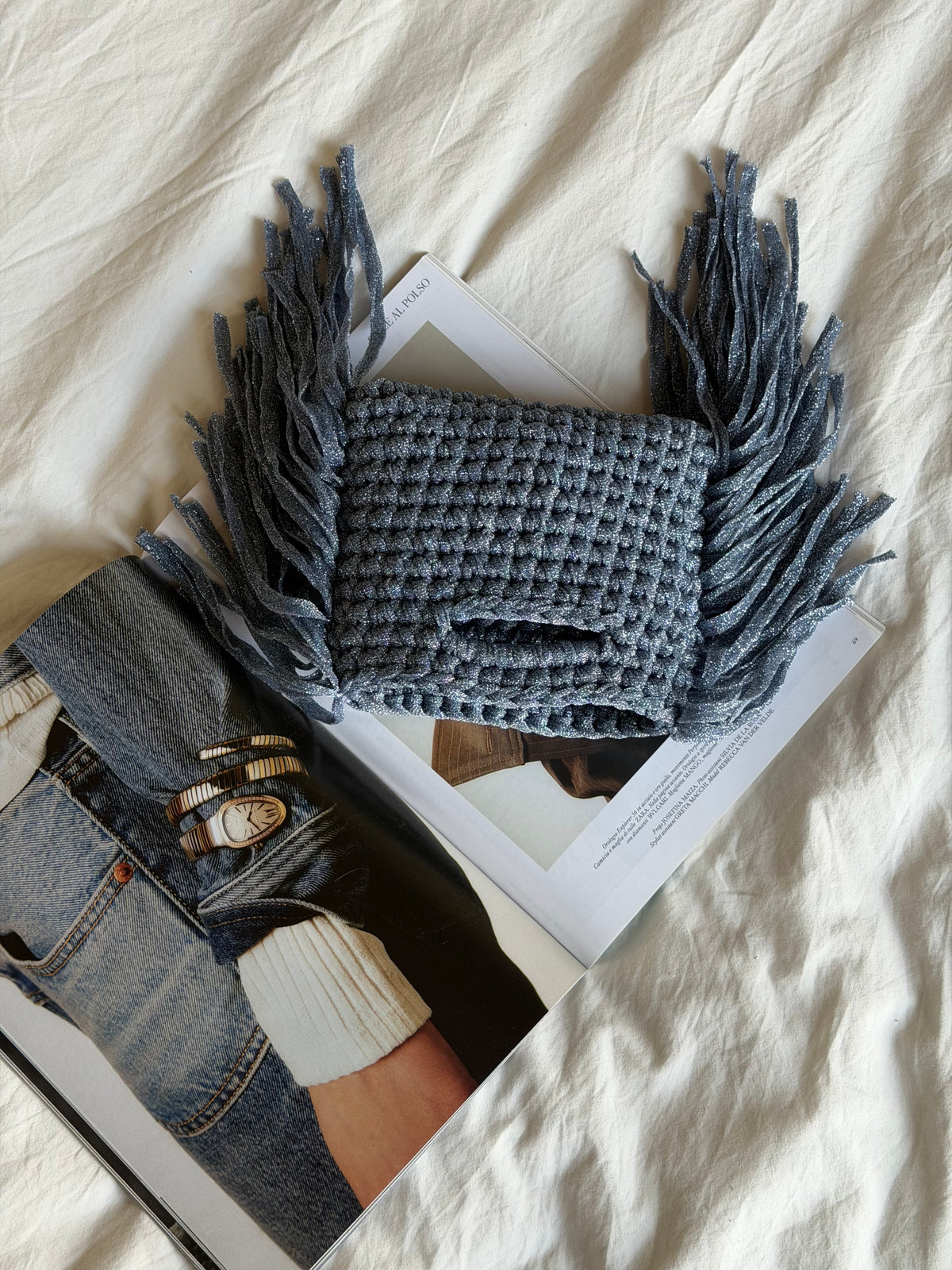 MINOU bag mini// azzurra lurex con frange